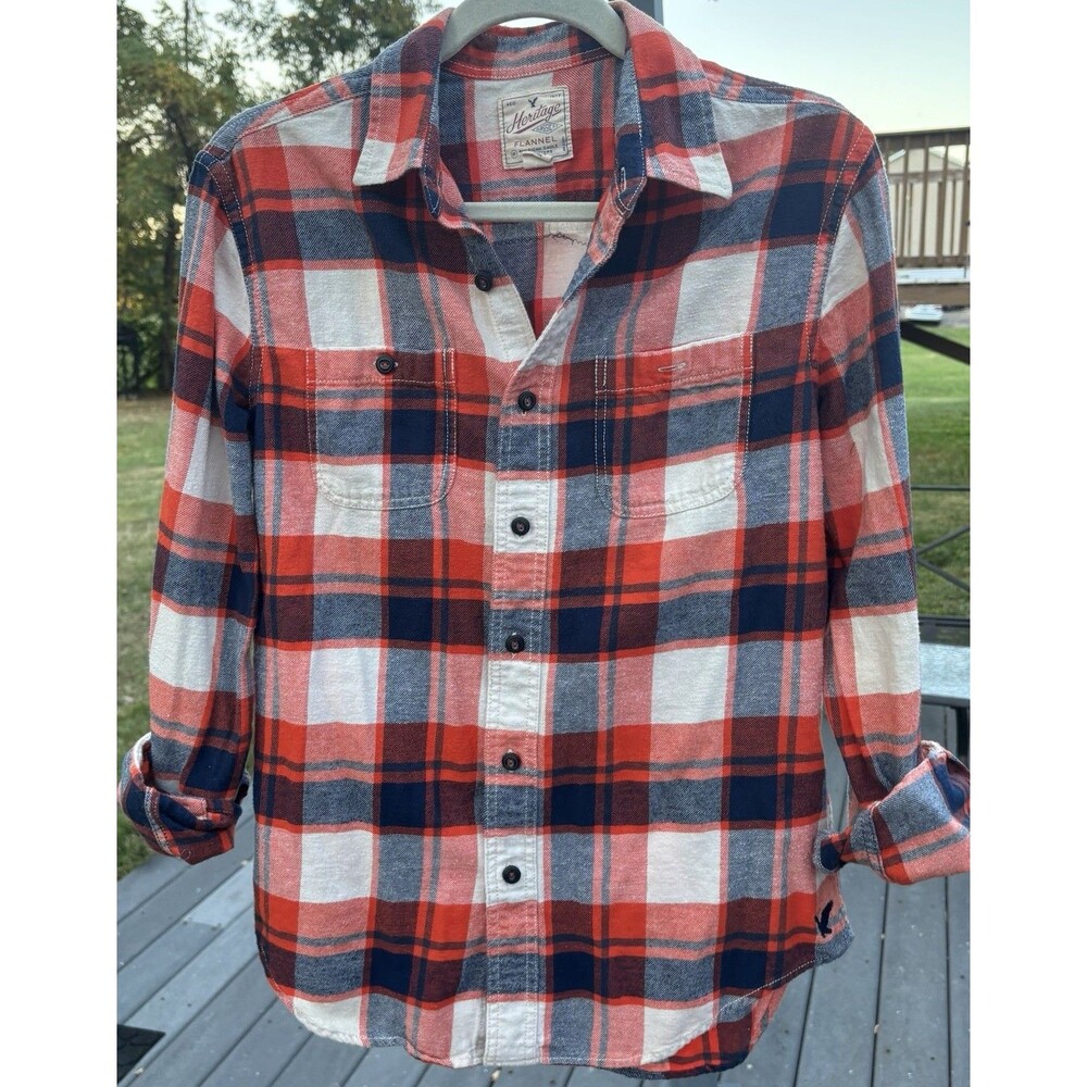 ‘Merica Upcycled Flannel Shirt Hippie Boho Country Orange & Blue Size Med Womens - Picture 2 of 8